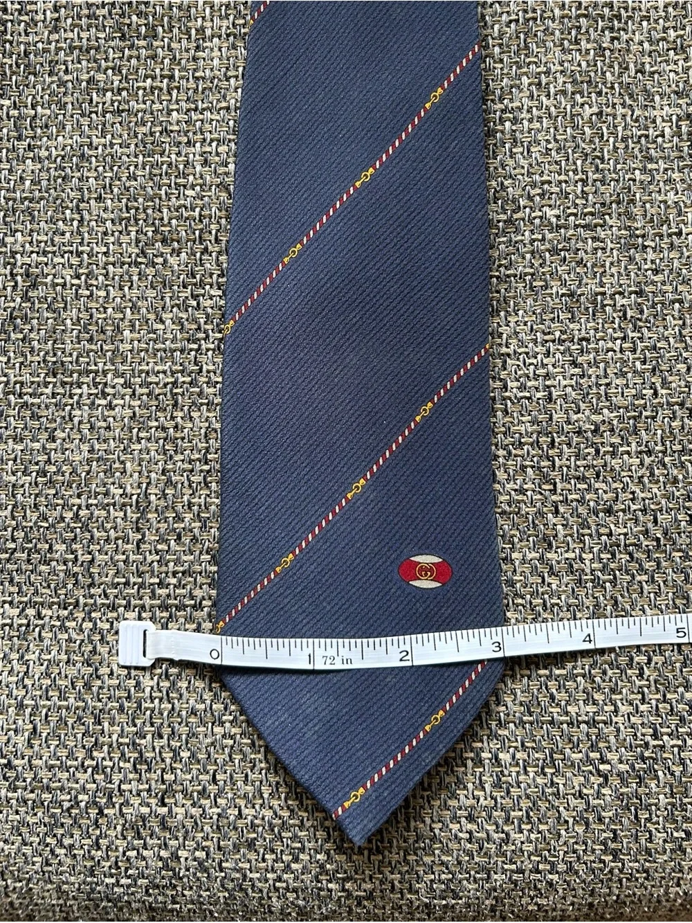 Vintage 80s Gucci 100% Silk Tie Navy Blue Diagonal Stripe Made in Italy